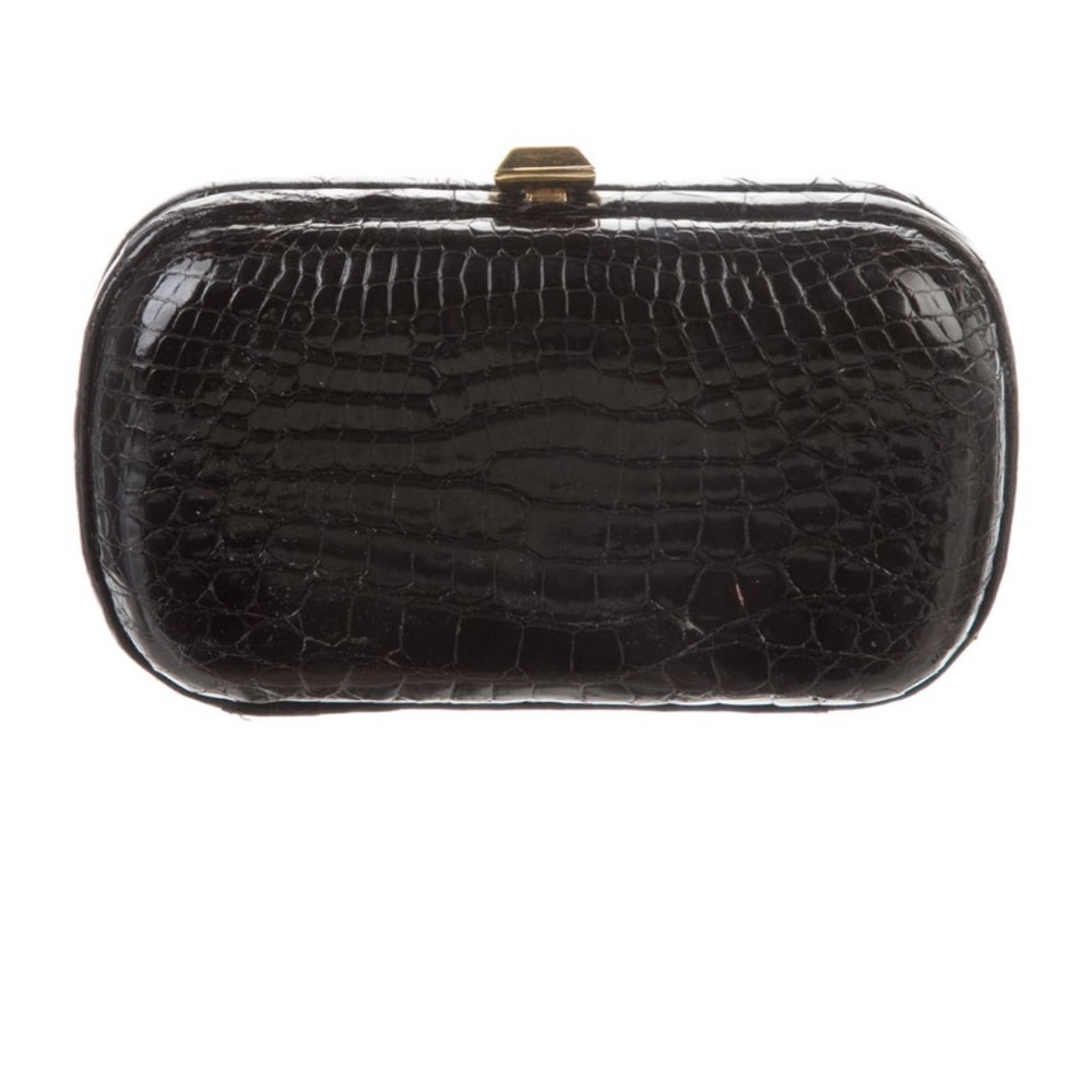 Vintage Bottega Veneta Black Croc-Embossed Box Clutch with Gold Clasp - Picture 3 of 5